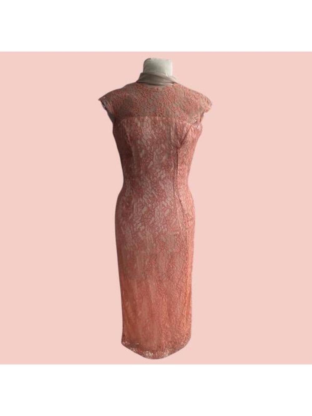 Vintage 1950s Coral Chantilly Lace Dress, Fitted Sheath by Freman-O'Grady